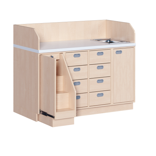 Wickelkommode, dreireihig zuzüglich Waschbecken B/H/T: 143x113x71,5 cm, Ausziehbarer Aufstieg links, 8 Schübe und Waschbecken rechts