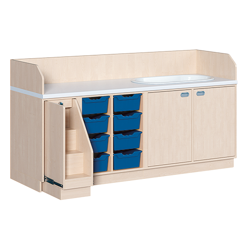 Wickelkommode, dreireihig zuzüglich Badewanne B/H/T: 213x113x91,5 cm, Ausziehbarer Aufstieg links, 8 Boxen und Badewanne rechts