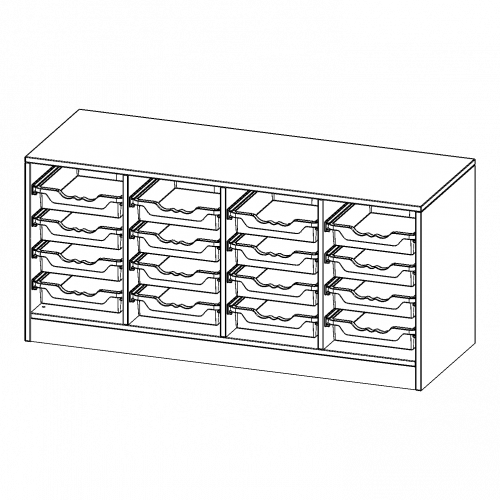 ErgoTray Regal, vierreihig, 1,5 Ordnerhöhen - evo180 Serie B/H/T: 138,7x64x50 cm, mit Sockel (81 mm), 16 flache ErgoTray Boxen