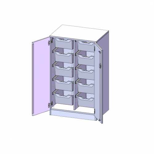 ErgoTray Schrank, zweireihig, 3 Ordnerhöhen - evo180 Serie B/H/T: 70,3x118x50 cm, zweitürig, mit Sockel (81 mm), mit 10 hohen ErgoTray Boxen