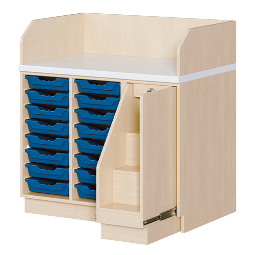 Wickelkommode, dreireihig B/H/T: 107x113x71,5 cm, Ausziehbarer Aufstieg rechts, 16 Boxen links