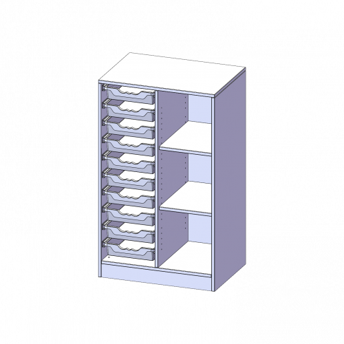 ErgoTray Regal, zweireihig, 3 Ordnerhöhen - evo180 Serie B/H/T: 70,3x118x50 cm, mit Sockel (81 mm), rechts 3 Fächer, links 10 flache ErgoTray Boxen