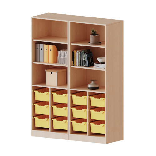 ErgoTray Regal, vierreihig, 5 Ordnerhöhen - evo180 Serie B/H/T: 140,6x190x40 cm, mit Sockel (81 mm), zweiteilig, unten 12 hohe ErgoTray Boxen, oben 4 Einlegeböden