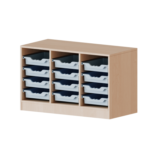 ErgoTray Regal, dreireihig, 1,5 Ordnerhöhen - evo180 Serie B/H/T: 104,5x64x40 cm, mit Sockel (81 mm), 12 flache ErgoTray Boxen