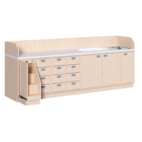Wickelkommode, vierreihig zuzüglich Badewanne und Waschbecken B/H/T: 285x113x71,5 cm, Ausziehbarer Aufstieg links, 12 Schübe und Badewanne, Waschbecken rechts