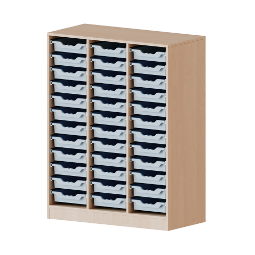 ErgoTray Regal, dreireihig, 3,5 Ordnerhöhen - evo180 Serie B/H/T: 104,5x136x40 cm, mit Sockel (81 mm), 36 flache ErgoTray Boxen