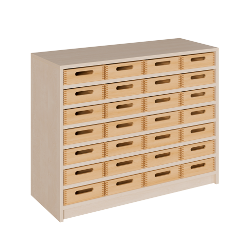 Korpus-Regal mit flachen Materialkästen B/H/T: 102x80x40 cm mit 28 Massivholz-Kästen