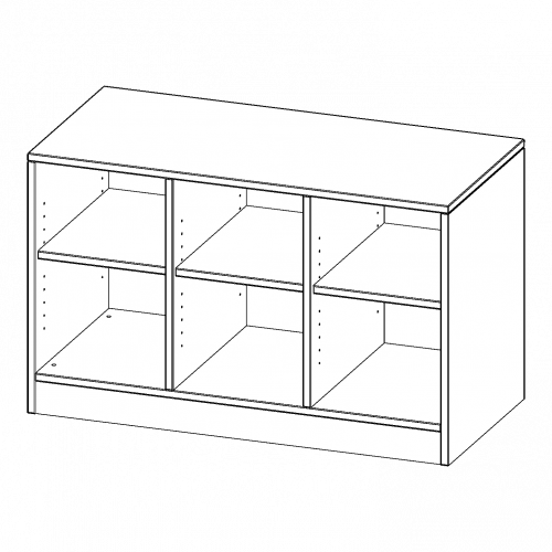 Regal, dreireihig, 1 Ordnerhöhe - evo180 Serie B/H/T: 104,5x64x50 cm (1,5 Ordnerhöhen), mit Sockel (81 mm) und Mittelwand, ohne Boxen, 3 Einlegeböden