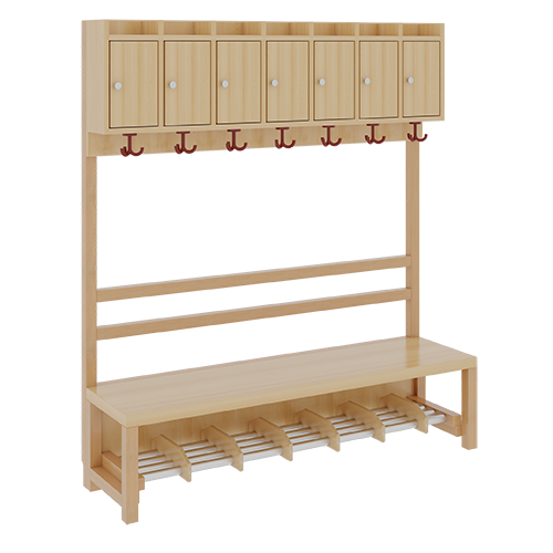 Komplettgarderobe mit Ablagen und Türen B/H/T: 140x158x39 cm, 7 Plätze, Sitzhöhe: 26 cm, offene Stütze in Buche-massiv, Schuhrost aus Aluminiumrohren mit Facheinteilungen