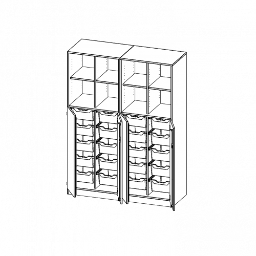 ErgoTray Kombi-Schrank, vierreihig, zweiteilig, 5 Ordnerhöhen - evo180 Serie B/H/T: 140,6x190x50 cm, unten 3 OH Türen und 20 hohe ErgoTray Boxen, oben 2 OH Regal, mit Sockel (81 mm), 2 Mittelwände