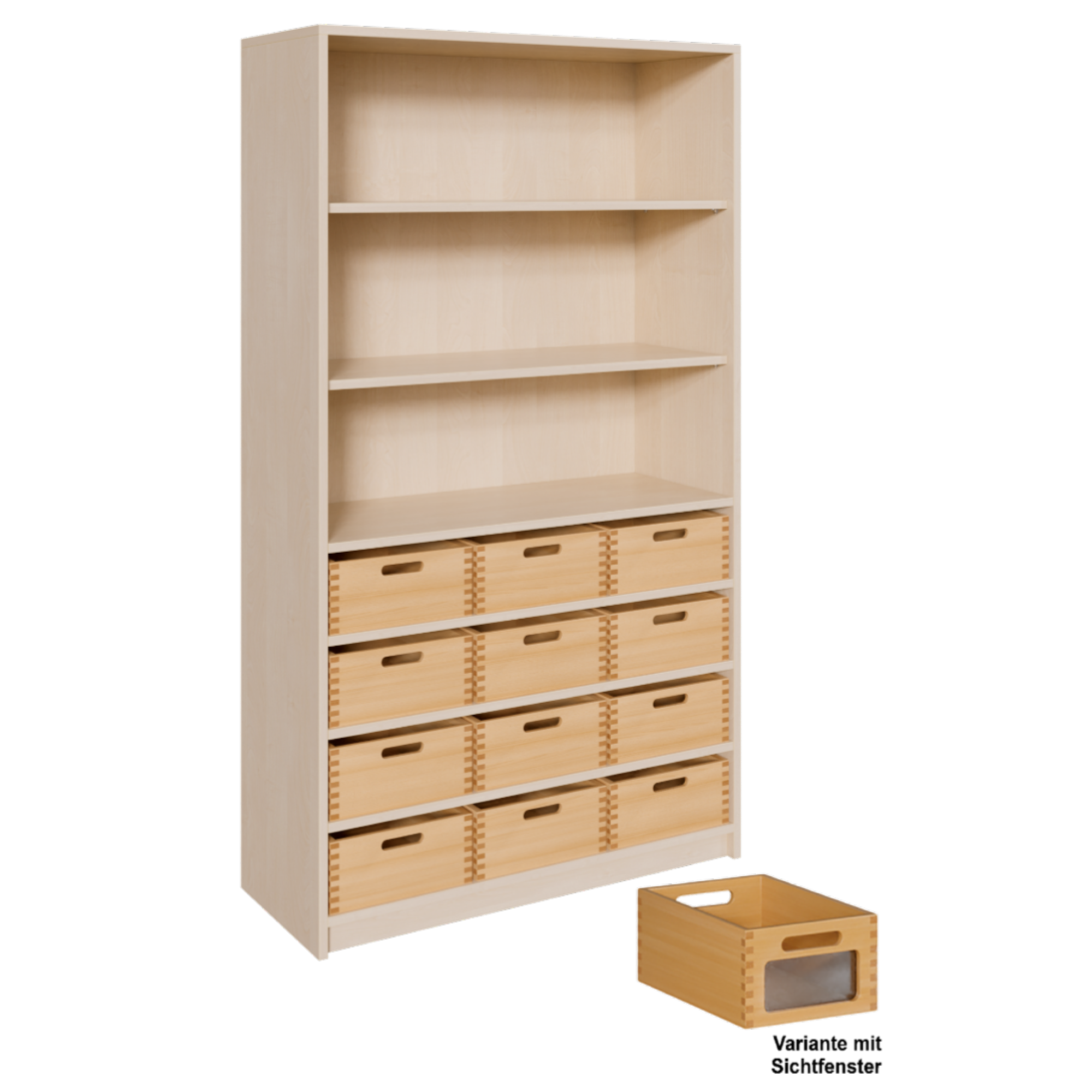 Korpus-Regal mit Materialkästen und offenen Fächern B/H/T: 102x180x40 cm, mit 12 Massivholz-Kästen mit Sichtfenster, oben Regal mit 3 Fächern