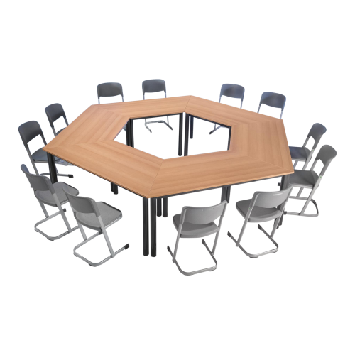 Trapeztischset Flexibel, 6x TT 16R60 in RAL Lichtgrau, Platte Buche, B/T: 140x70 cm