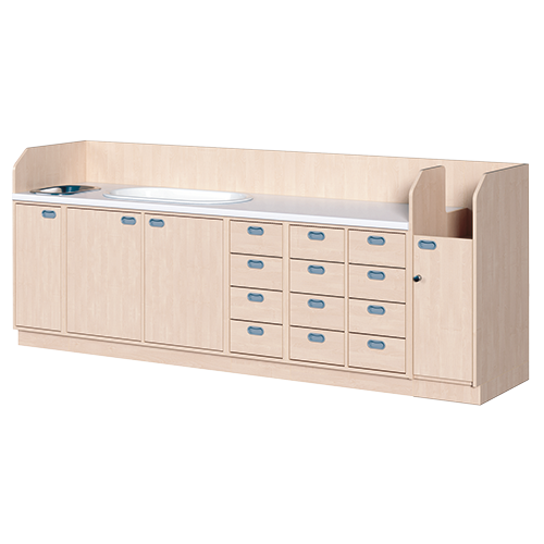 Wickelkommode, vierreihig zuzüglich Badewanne und Waschbecken B/H/T: 285x113x71,5 cm, Integrierter Aufgang rechts, 12 Schübe und Badewanne, Waschbecken links