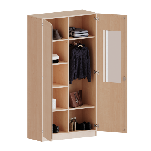 Garderobenschrank mit Spiegel und Garderobenstange, 5 Ordnerhöhen - Serie evo180 B/H/T: 100x190x50 cm, 2 Türen, abschließbar, eine Seite Garderobe, eine Seite Fachböden, Sockel