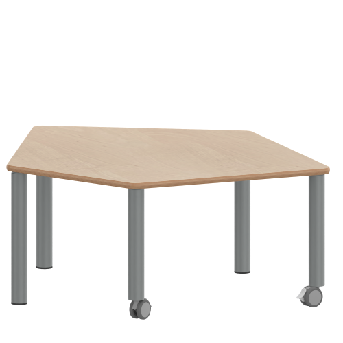 Tisch ZALOTTI mit Schichtstoff-Belag Fünfecktisch-klein, B/H/T: 121x25x110 cm, Stahlrohrbeine Ø 60 mm, Fußvariante: fahrbar, Tischbeine mit RAL-Farbe 9006 (weißaluminium)