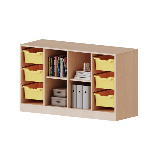 ErgoTray Regal, vierreihig, 2 Ordnerhöhen - evo180 Serie B/H/T: 138,7x82x40 cm, fahrbar, rechts und links je 3 hohe ErgoTray Boxen, in der Mitte 4 offene Fächer