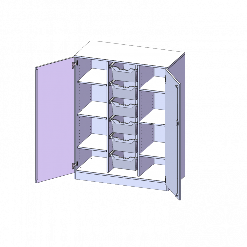 ErgoTray Schrank, dreireihig, 3,5 Ordnerhöhen - evo180 Serie B/H/T: 104,5x136x50 cm, zweitürig, mit Sockel (81 mm), mit 6 hohen ErgoTray Boxen