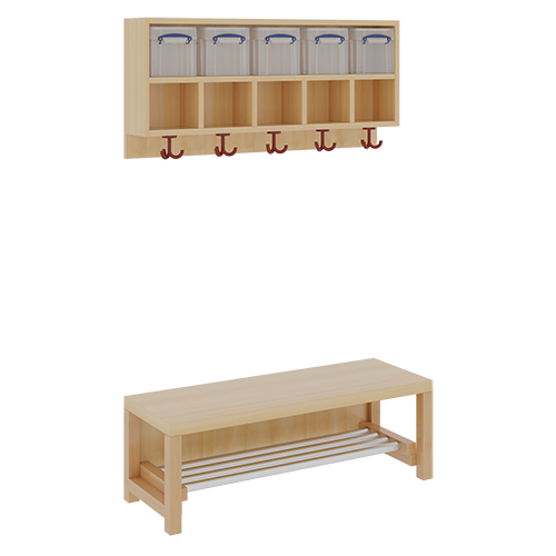 Komplettgarderobe mit doppelter Ablagereihe inklusive Boxen B/T: 100x35 cm, 5 Plätze, Sitzhöhe 42 cm, 2teilig ohne Stütze, Ablage zur Wandmontage, mit Alurohr-Schuhrost