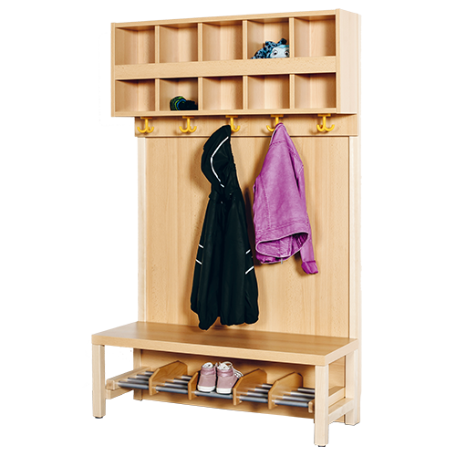 Komplettgarderobe mit doppelter Ablagereihe B/H/T: 100x158x39 cm, 5 Plätze, Sitzhöhe 34 cm, Stütze mit Paneelrückwand, Schuhrost aus Aluminiumrohren mit Trennungen