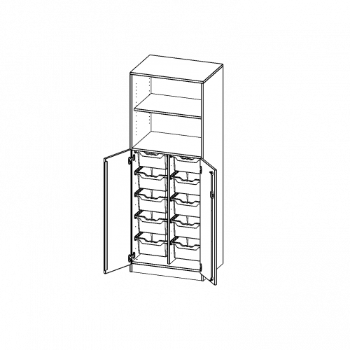 ErgoTray Kombi-Schrank, zweireihig, 5 Ordnerhöhen - evo180 Serie B/H/T: 70,3x190x50 cm, 3 OH unten mit Türen und 10 hohen ErgoTray Boxen, oben 2 OH Regal, mit Sockel (81 mm)