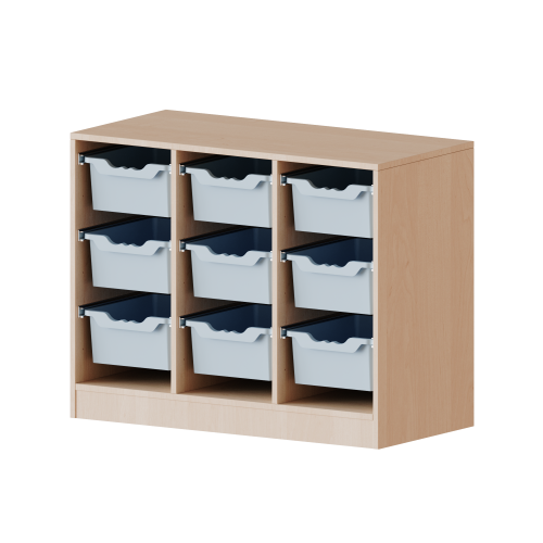 ErgoTray Regal, dreireihig, 2 Ordnerhöhen - evo180 Serie B/H/T: 104,5x82x40 cm, fahrbar, 9 hohe ErgoTray Boxen
