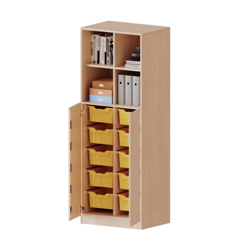 ErgoTray Kombi-Schrank, zweireihig, 5 Ordnerhöhen - evo180 Serie B/H/T: 70,3x190x50 cm, unten 3 OH Türen und 10 hohe ErgoTray Boxen, oben 2 OH Regal, Sockel, mit Mittelwand