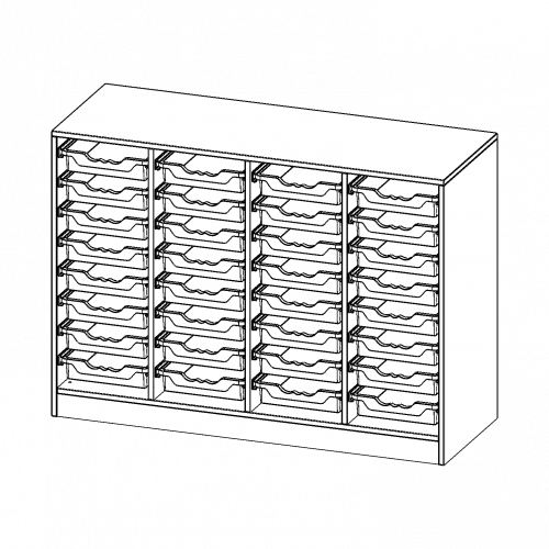 ErgoTray Regal, vierreihig, 2,5 Ordnerhöhen - evo180 Serie B/H/T: 138,7x100x50 cm, mit Sockel (81 mm), 32 flache ErgoTray Boxen