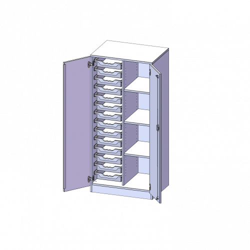 ErgoTray Schrank, zweireihig, 4 Ordnerhöhen - evo180 Serie B/H/T: 70,3x154x50 cm, zweitürig, mit Sockel (81 mm), mit 14 flachen ErgoTray Boxen