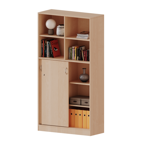 Kombischrank, 5 Ordnerhöhen, Schiebetüren unten (3 OH), oben 2 offene Fächer - Serie evo180 B/H/T: 120x190x50 cm, 2 Schiebetüren, abschließbar, mit Sockel (81 mm)