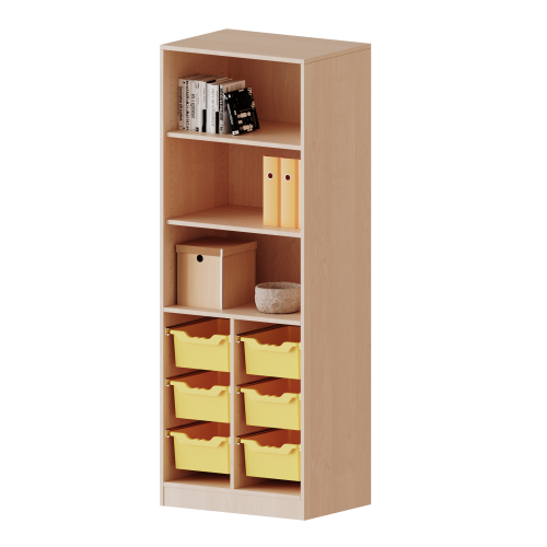 ErgoTray Regal, zweireihig, 5 Ordnerhöhen - evo180 Serie B/H/T: 70,3x190x40 cm, mit Sockel (81 mm), unten 6 hohe ErgoTray Boxen, oben 2 Einlegeböden