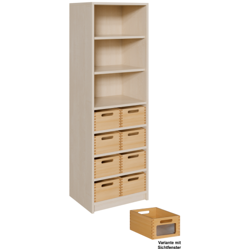 Korpus-Regal mit Materialkästen und offenen Fächern B/H/T: 52x160x40 cm, unten mit 8 Massivholz-Kästen mit Sichtfenster, oben Regal mit 3 Fächern