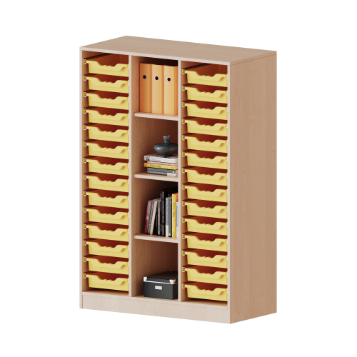 ErgoTray Regal, dreireihig, 4 Ordnerhöhen - evo180 Serie B/H/T: 104,5x154x40 cm, mit Sockel (81 mm), rechts und links je 14 flache ErgoTray Boxen, 4 Fächer in der Mitte
