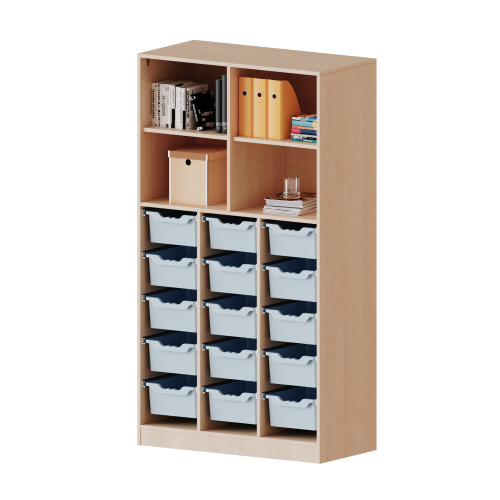ErgoTray Regal, dreireihig, 5 Ordnerhöhen - evo180 Serie B/H/T: 104,5x190x40 cm, mit Sockel (81 mm), unten 15 hohe ErgoTray Boxen, oben 2 Einlegeböden