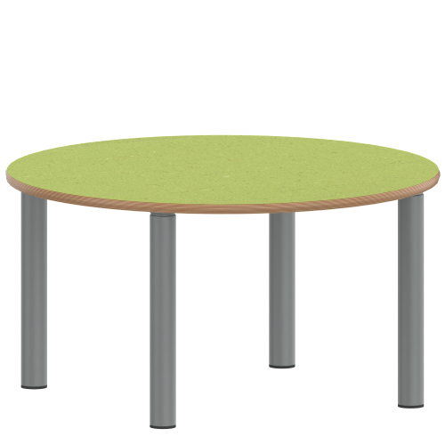 Tisch ZALOTTI mit Linoleum-Belag Rundtisch, Durchmesser/H: 100x25 cm, Stahlrohrbeine Ø 60 mm, Fußvariante: Stellfuß, Tischbeine mit RAL-Farbe 9006 (weißaluminium)