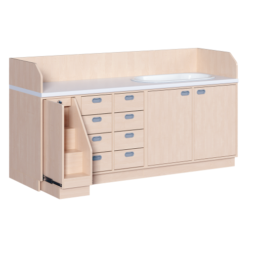 Wickelkommode, dreireihig zuzüglich Badewanne B/H/T: 213x113x71,5 cm, Ausziehbarer Aufstieg links, 8 Schübe und Badewanne rechts