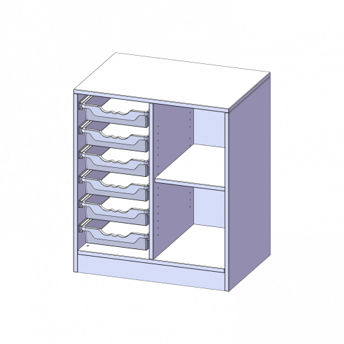 ErgoTray Regal, zweireihig, 2 Ordnerhöhen - evo180 Serie B/H/T: 70,3x82x50 cm, mit Sockel (81 mm), rechts 2 Fächer, links 6 flache ErgoTray Boxen
