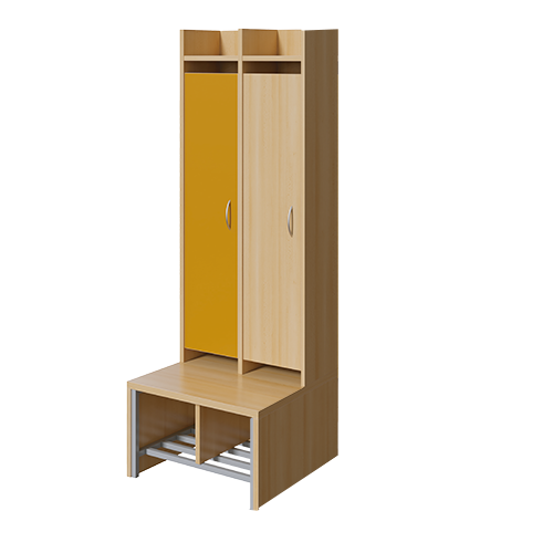 Spindgarderobe, hohe Tür B/H/T: 56x160x55 cm, 2 Plätze, Türen links, Bank aus feuerhemmendem Material, Schuhrost, 3fach-Haken