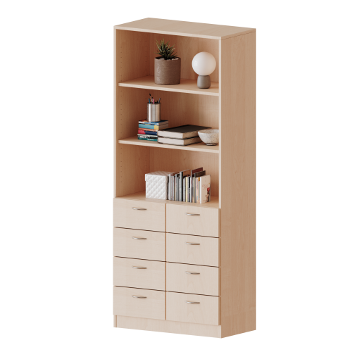 Schubladen - Kombischrank, 5 Ordnerhöhen - Serie evo180 B/H/T: 100x190x40 cm, 8 Schubladen unten, oben 3 offene Fächer, mit Sockel (81 mm)