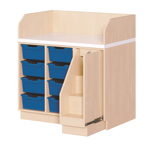 Wickelkommode, dreireihig B/H/T: 107x113x71,5 cm, Ausziehbarer Aufstieg rechts, 8 Boxen links