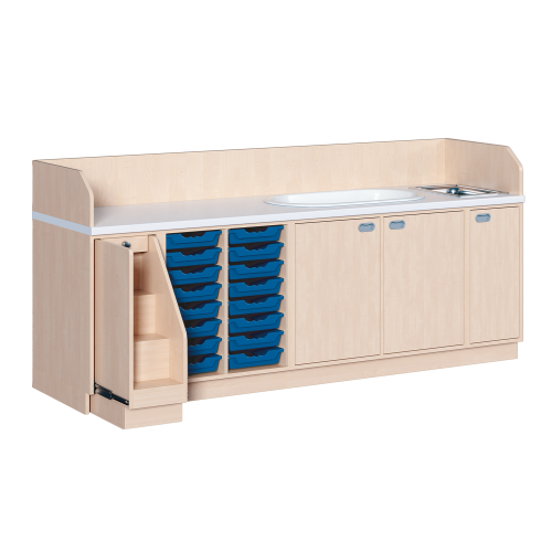Wickelkommode, dreireihig zuzüglich Badewanne und Waschbecken B/H/T: 249x113x71,5 cm, Ausziehbarer Aufstieg links, 16 Boxen und Badewanne, Waschbecken rechts