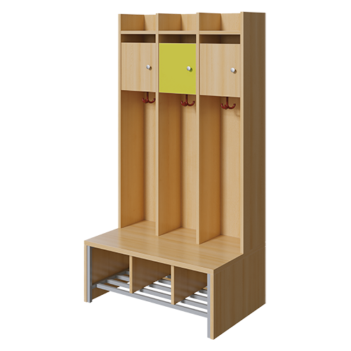 Spindgarderobe, kleine Tür B/H/T: 83x160x55 cm, 3 Plätze, Türen rechts, Bank aus feuerhemmendem Material, Schuhrost, 3fach-Haken
