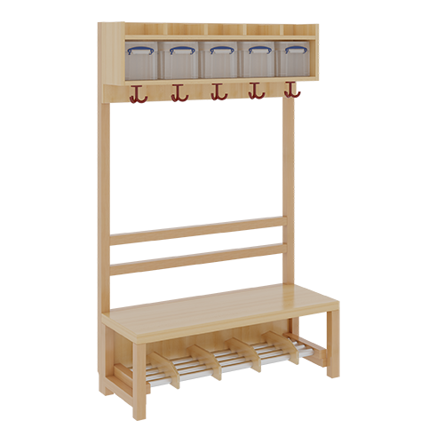 Komplettgarderobe mit einfacher Ablage inklusive Boxen B/H/T: 100x158x39 cm, 5 Plätze, Sitzhöhe 42 cm, offene Stütze, Schuhrost aus Aluminiumrohren mit Trennungen