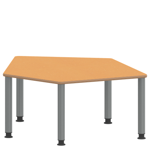 Tisch ZALOTTI mit Linoleum-Belag Fünfecktisch-klein, B/H/T: 121x41x110 cm, Stahlrohrbeine Ø 60 mm, Fußvariante: höhenverstellbar (41/55 cm), Tischbeine mit RAL-Farbe 9006 (weißaluminium)