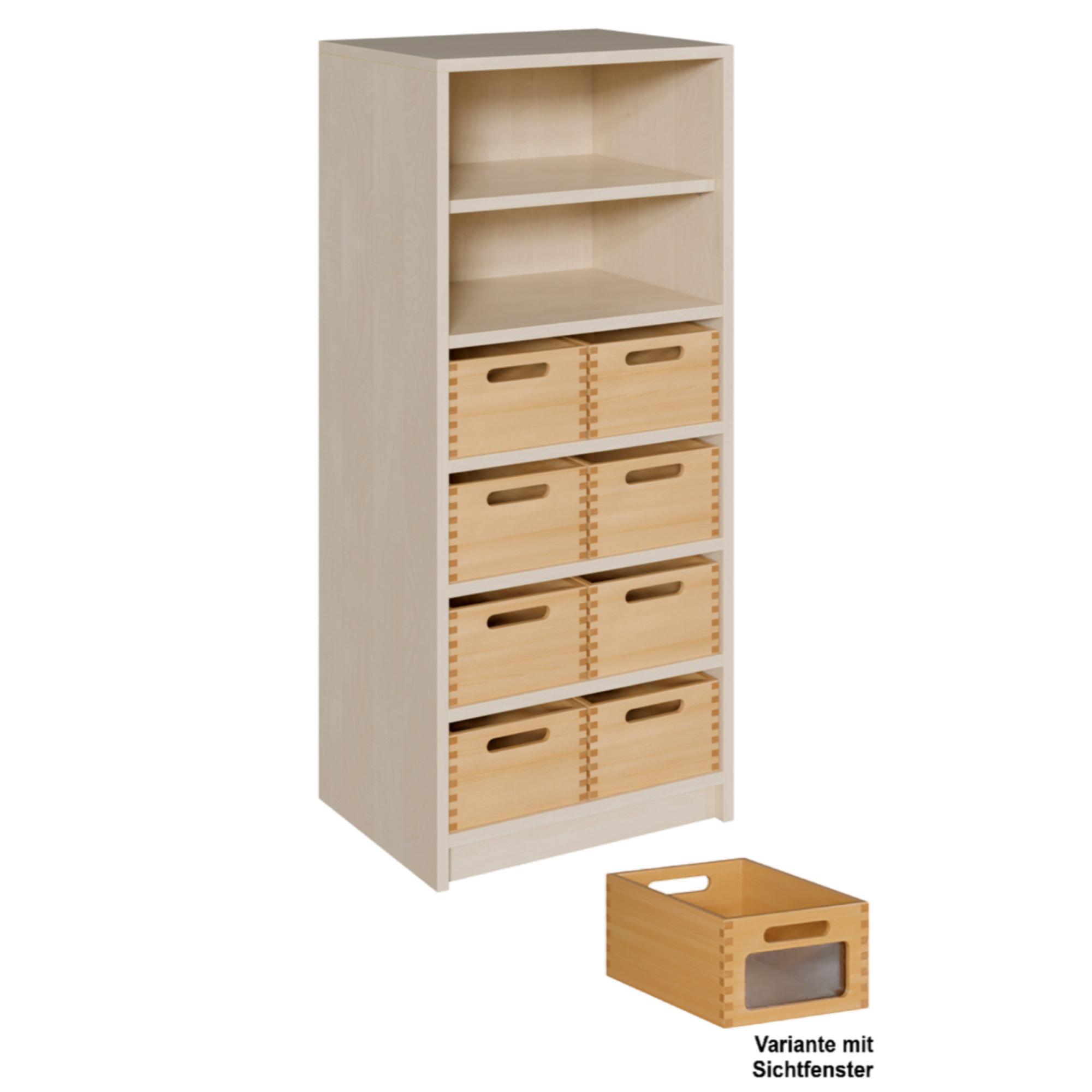 Korpus-Regal mit Materialkästen und offenen Fächern B/H/T: 52x120x40 cm, mit 8 Massivholz-Kästen mit Sichtfenster, oben Regal mit 2 Fächern