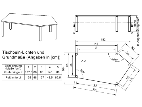 Tisch ZALOTTI mit Schichtstoff-Belag Fünfecktisch-groß, B/H/T: 185x41x104 cm, Massivholzbeine Ø 60 mm, Fußvariante: Stellfuß