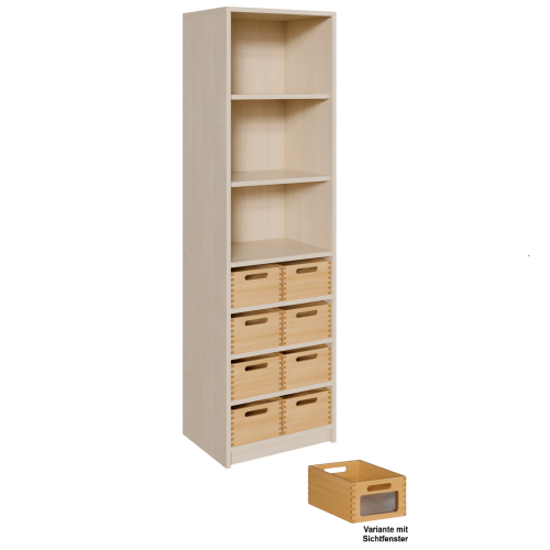 Korpus-Regal mit Materialkästen und offenen Fächern B/H/T: 52x180x40 cm, unten mit 8 Massivholz-Kästen mit Sichtfenster, oben Regal mit 3 Fächern