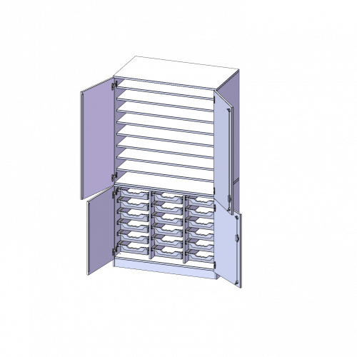 Bastelschrank, 5 Ordnerhöhen - Serie evo180 B/H/T: 104,5x190x60 cm, 4-türiger Schrank mit 18 flachen ErgoTray Boxen, 8 EB, zweiteilig, mit Sockel (81 mm)