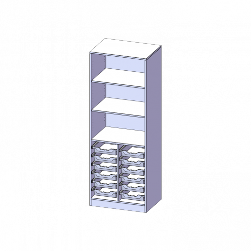 ErgoTray Regal, zweireihig, 5 Ordnerhöhen - evo180 Serie B/H/T: 70,3x190x50 cm, mit Sockel (81 mm), unten 12 flache ErgoTray Boxen, oben 2 Einlegeböden