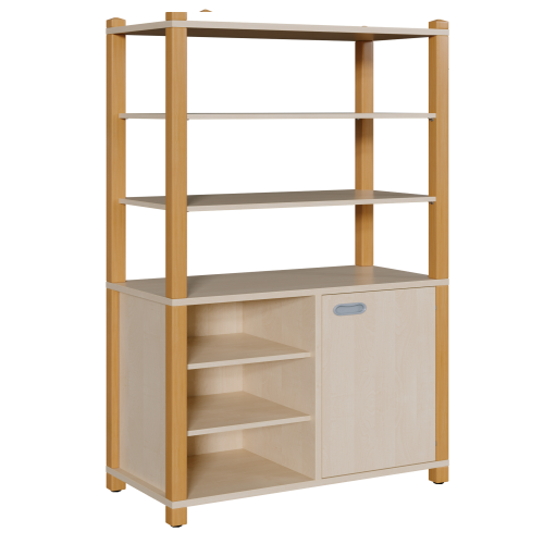 Stollen-Schrank mit einseitiger Tür und 3 offenen Fächern, hoher offener Regalaufsatz B/H/T: 106x180x40 cm, Tür rechts, Regal links, 6 Einlegeböden hoher Regalaufsatz mit 3 Fächern