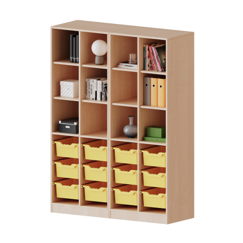 ErgoTray Regal, vierreihig, 5 Ordnerhöhen - evo180 Serie B/H/T: 140,6x190x40 cm, mit Sockel (81 mm), zweiteilig und Mittelwand, unten 12 hohe ErgoTray Boxen, oben 8 Einlegeböden